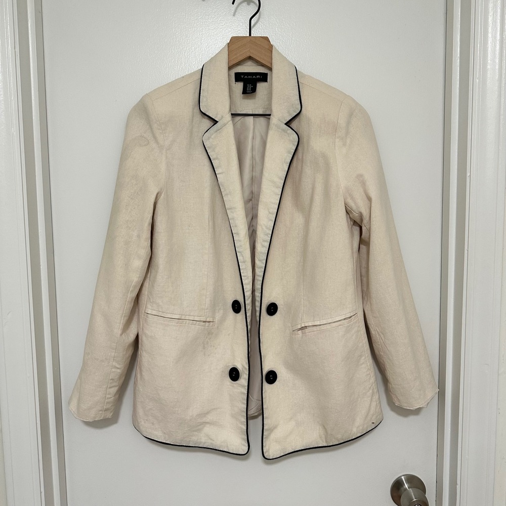 Tahari | Women's Linen Blend Cream Black Trim Business Blazer Jacket,‎ Size M
